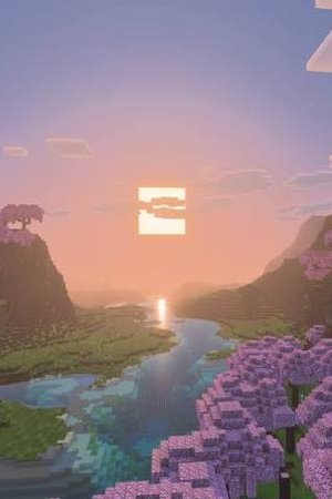 Minecraft: a river valley at sunset, lined with cherry trees
