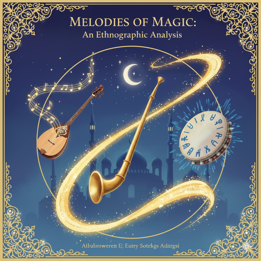 Melodies of Magic cover with instruments and moonlit skyline