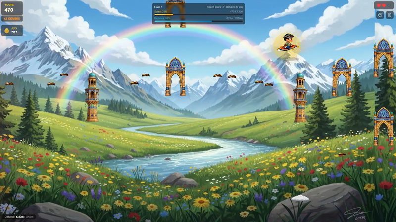 Terrokand gameplay: a flying carpet weaving between Uzbek arches over a mountain valley