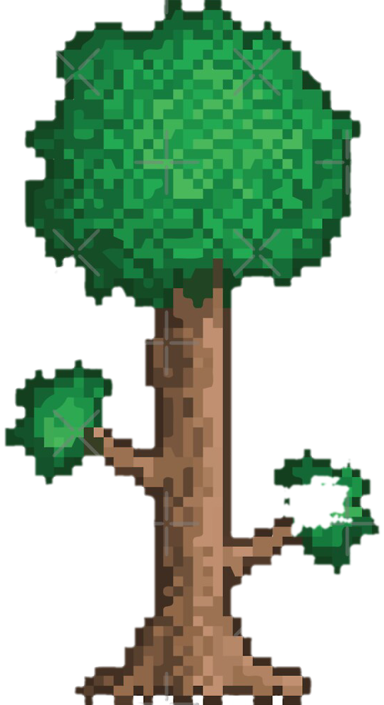 Pixelated Terraria-style tree next to social links