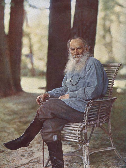 Leo Tolstoy in a garden chair at Yasnaya Polyana, photographed in colour by Sergei Prokudin-Gorsky in 1908